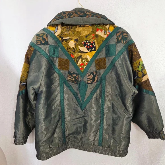 Vintage 80s patchwork puffer jacket dark green gold ski coat women's size medium - Picture 2 of 7
